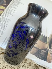 Murano Glass Vase Venetian Cobalt silver Flower&bird Overlay Art Nouveau Antique