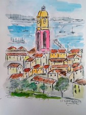 SAINT TROPEZ LA CITADELLE WATERCOLOR ART PAINTING PARIS SIGN TWINS JEAN PIERRE