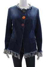 Maliparmi Womens Cotton Denim Fringe Trim Button Up Jacket Blue Size 44