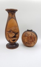 Duo bougeoir bois sculpté gravé Grand Paysage Rond rose H31 /16 cm Ø 11 / 13cm