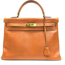 HERMES Kelly 35 Hand Tote Bag Leather Brown Gold One Handle Made in France Auth