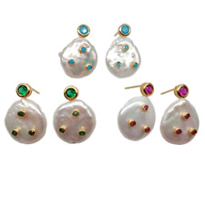 Muti Color Cz pave Freshwater White Coin Pearl Stud Earrings jewelry