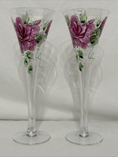 Set Of 2 Crystal Champagne Flutes Hand Painted Floral Hollow Stem Trumpet