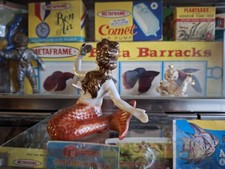 Vintage Antique Ceramic Aquarium Beautiful Red Tail Mermaid with Gold Mirror 