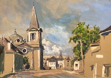 Place de village, Gouache signée et datée 1954, Peinture, XXe