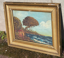 Signed antique painting.  Seascape. Oil Painting on Wood Panel