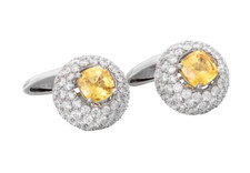 Classy & Modern Dome Design Canary Yellow Cushion Citrine & White CZ Cufflinks