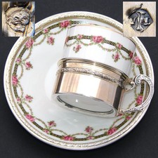 Antique French Vermeil on Sterling Silver & Porcelain Expresso Cup & Saucer Set