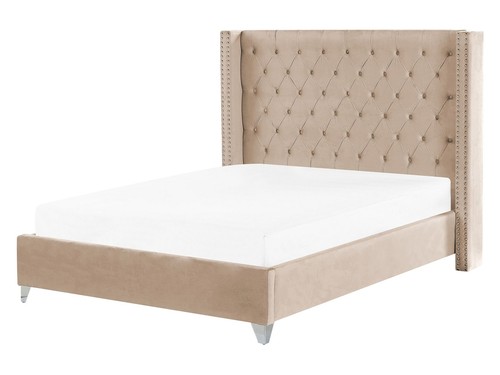Lit double velours beige - lit,