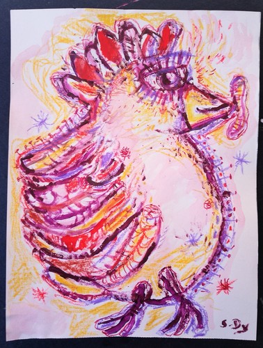 Peinture poule poulet - poule,