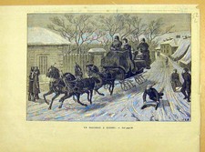 Original Old Antique Print Quebec Canada Traineau Horse Sleigh French 1881 19th