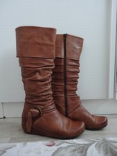 Bottes femme cuir marron cognac caramel, effet froncé, noeud au coté. Point.37
