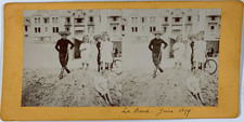 Stereo, France, La Baule, children and bike at the beach, 1899 vintage stereo card 