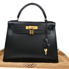 HERMES Kelly 28 Sellier Hand Bag Box Calf Leather Cadena Black GHW VTG 402RL347