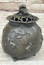 Chinois Japonais Rat Encens Burner Bronze Statue Signée Milo Coin Support Wealth