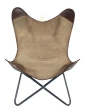 Vintage Upcycled Kaki Toile Cuir Papillon Chaise Relax Salon Accent Chaise