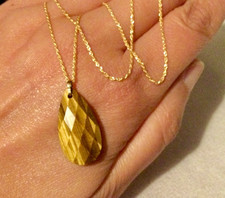 Or 18K Collier Chaine +Grand Pendentif Oeil de Tigre, Or Jaune 18 Carats 18K 750