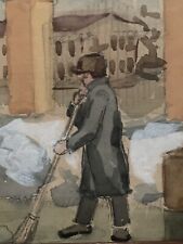 Tableau ancien aquarelle paysage enneigé animé impressionnisme XX école Russe