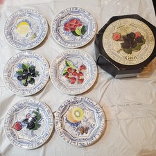 6 Rare Hand Painted Oiseau Bleu Gien France Butter/Canape plates W/Original Box