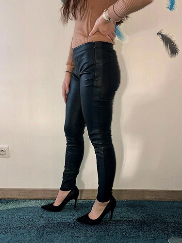 Legging cuir agneau noir - cuir, noir/bleu