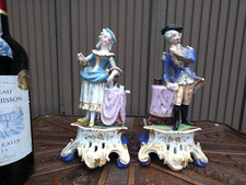 PAIR antique french paris porcelain man lady dog Figurine pen pique fleur statue
