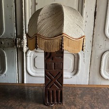 Brutalist Wooden Africanist Lamp Carved 1950 Fabric Shade M3468
