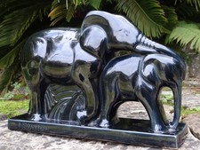 Belle Statue Art Déco Lemanceau Éléphante Eléphanteau en Faïence de St Clément