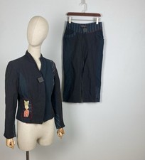 AVENTURES DES TOILES Blue Linen Abstract Designer Jacket Pants Suit Set Size 38