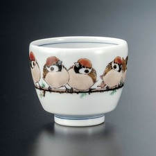 Tasse À Sake Guinomi Kutani Du Japon – "Moineaux En Vol" Toshito Nakamura