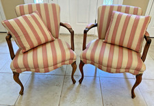 2 Vtg Reupholstered French Louis XV Style Fauteuil Armchair with Stripes/Pillows