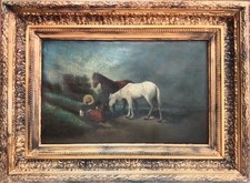 Magnifique tableau, chevaux, paysage,  Barbizon, 19ème  cadre