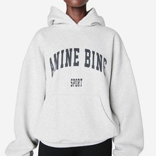 New Anine Bing Women's Light Gray Hooded Sweatshirt with Classic Letter Print