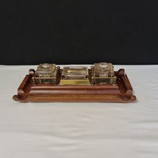 Antique wooden, brass and glass inkwell - 20th or earlier