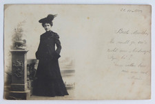 Antique photo elegant lady front word Tournai, 1902 - old photo postcard