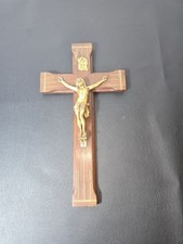 Antique Inlaid Wood Wall Crucifix - Christ Gilded Metal - Religious Decor
