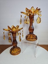 Vtg Pair Amber Glass Luster Candlestick Holders Hanging Prisms Bobeches H R-V R