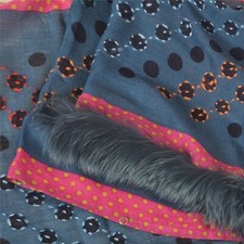 Poncho châle bleu étole fourrure 100 % pure laine brodé à la main neuf sanskriti