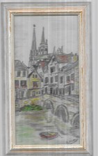 new VENTE.CATHEDRALE CHARTRES.DESSIN PASTEL SU ISOREL .ENCADRE BOIS /VITRE.SIGNé