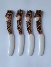 Set Of 4 Vintage Ceramic Acorn Twig Canape Knives
