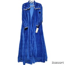 Vintage Heather Robe Womens Large Blue Velour Embroidery made in USA lace trim