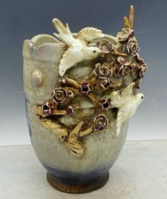 10,8 "Old Jun Four Porcelain Magpie Plum Flower Brush Pot Crayon Vase