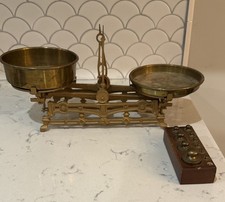 Vintage Antique Balance Scale Cast Iron & Brass With Weights (Missing One) 2 Kg