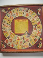 ancien coffret de jeux:jeu de l'oie (dessin de B.Rabier),dame,jacquet,backgammon