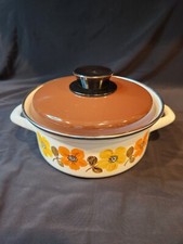 Vintage Austria Email Enamel Double Handle Floral Casserole Pot  Brown Lid Retro
