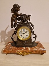 Horloge sur Socle en Marbre avec Statue d'Ange en Régule - Fonctionne - Vintage