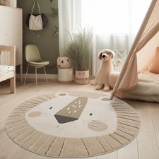 Tapis de chambre d'enfant Rond Tapis d'enfant de jeu Lion 3D Tons terre Crème