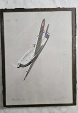 1938 Gouache pochoir  Avion DEWOITINE 520 en vol Henri De Courtis.