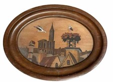 Oval PYROGRAVURE painting decor Storks landscape of Alsace signed REVIOL