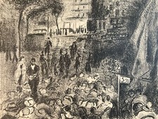 Gravure  Foule Au Café Terrasse Bar Yves ALIX XXe Lithographie Art 1950 Ancien