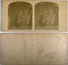 Child playing guitar, vintage albumen print, ca.1880, stereo vintage print,